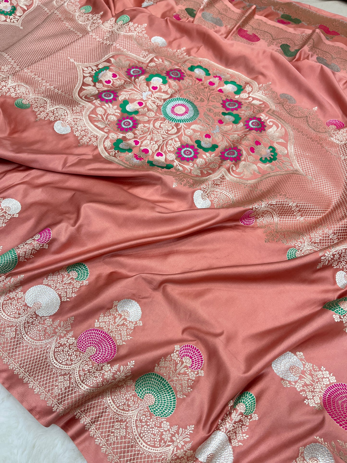 Wedding Wear Peach Banarasi Pure Mashru Silk Meenakari Saree