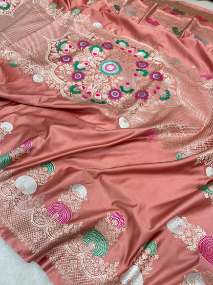 Wedding Wear Peach Banarasi Pure Mashru Silk Meenakari Saree
