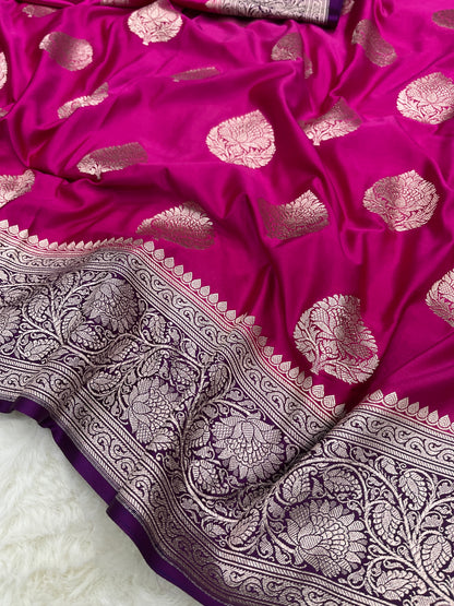 Magenta Pink Banarasi Soft Mashru Katan Silk Bootidar Saree with Purple Contrast Border