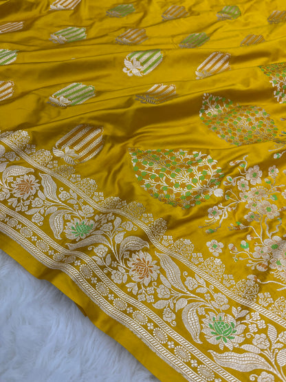 Haldi & Mehendi Wear Mustard Yellow Banarasi Pure Mashru Silk Meenakari Saree