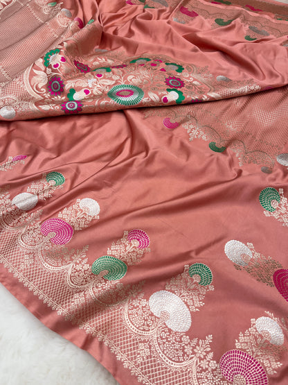 Wedding Wear Peach Banarasi Pure Mashru Silk Meenakari Saree