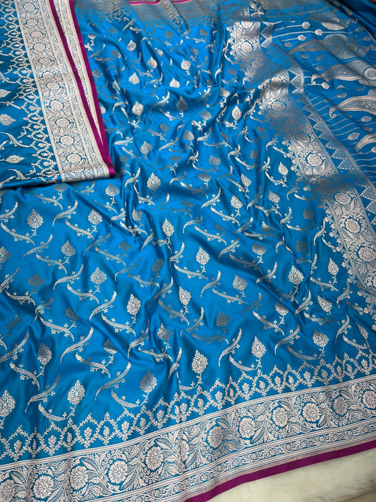 Peacock Blue Banarasi Soft Mashru Katan Silk Saree