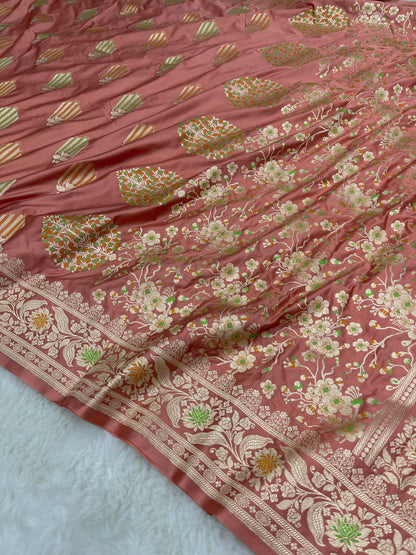 Sophisticated Bridal & Wedding Wear Blush Peach Banarasi Mashru Silk Meenakari Saree