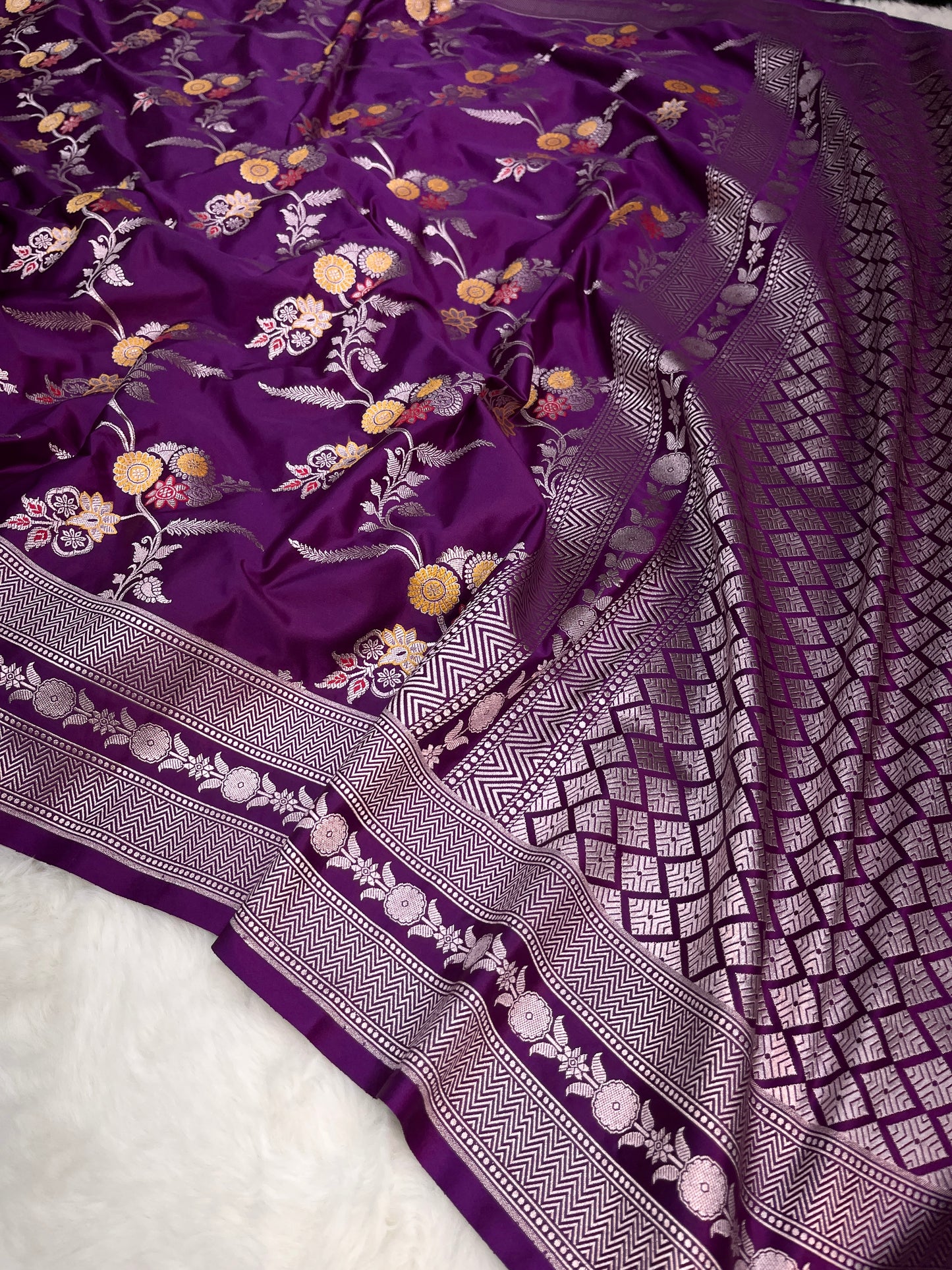 Purple Banarasi Soft Mashru Minakari Floral Jaal Work Saree