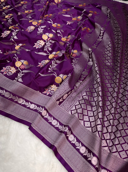 Purple Banarasi Soft Mashru Minakari Floral Jaal Work Saree