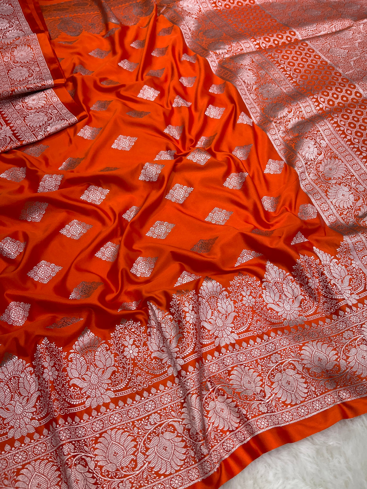 Rust Orange Banarasi Bridal Wear Soft Mashru Katan Silk Saree