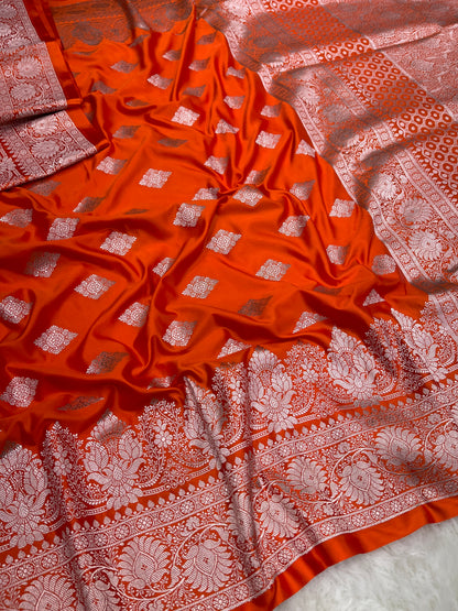 Rust Orange Banarasi Bridal Wear Soft Mashru Katan Silk Saree