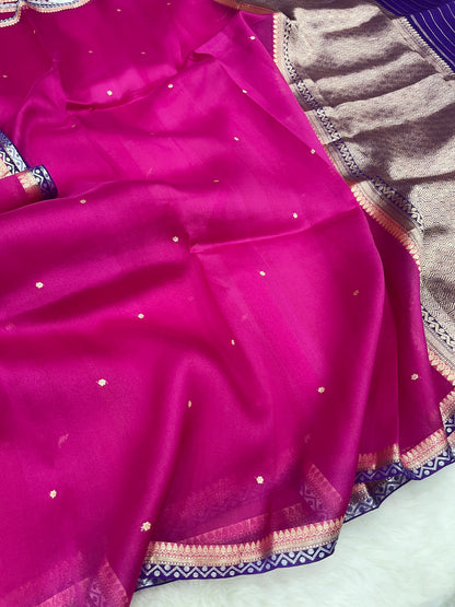 Fuchsia Pink Banarasi Pure Kora Organza Silk Saree