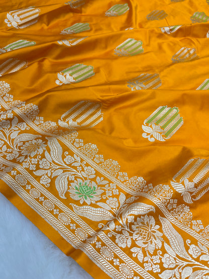 Banarasi Mashru Silk Meenakari Saree – Yellow Haldi Wear
