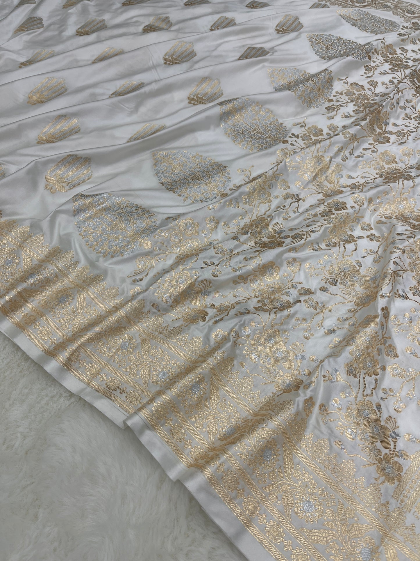 Elegant Christian Bridal Wear Pearl White Banarasi Mashru Silk Sona Rupa Meenakari Saree