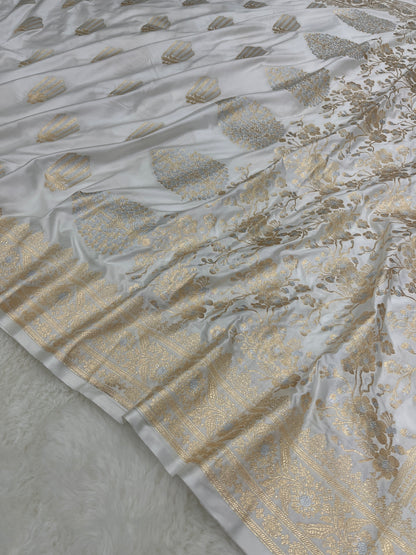 Elegant Christian Bridal Wear Pearl White Banarasi Mashru Silk Sona Rupa Meenakari Saree