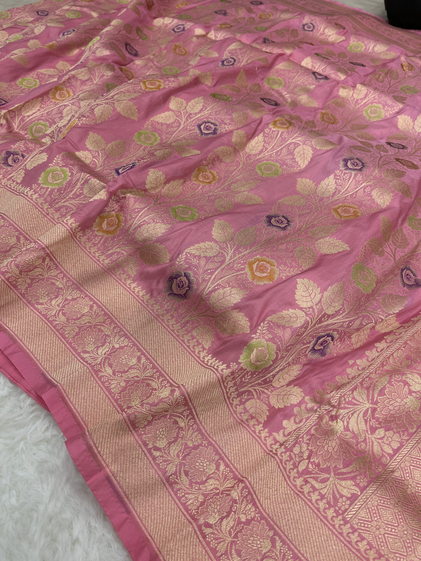 Wedding Wear Petal Pink Handwoven Banarasi Pure Katan Silk Meenakari Saree