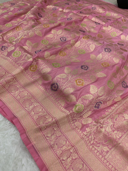 Wedding Wear Petal Pink Handwoven Banarasi Pure Katan Silk Meenakari Saree