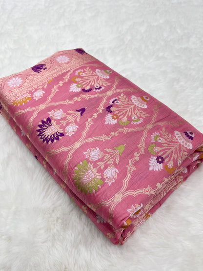 Strawberry Pink Banarasi Katan Silk Floral Jaal Work Saree