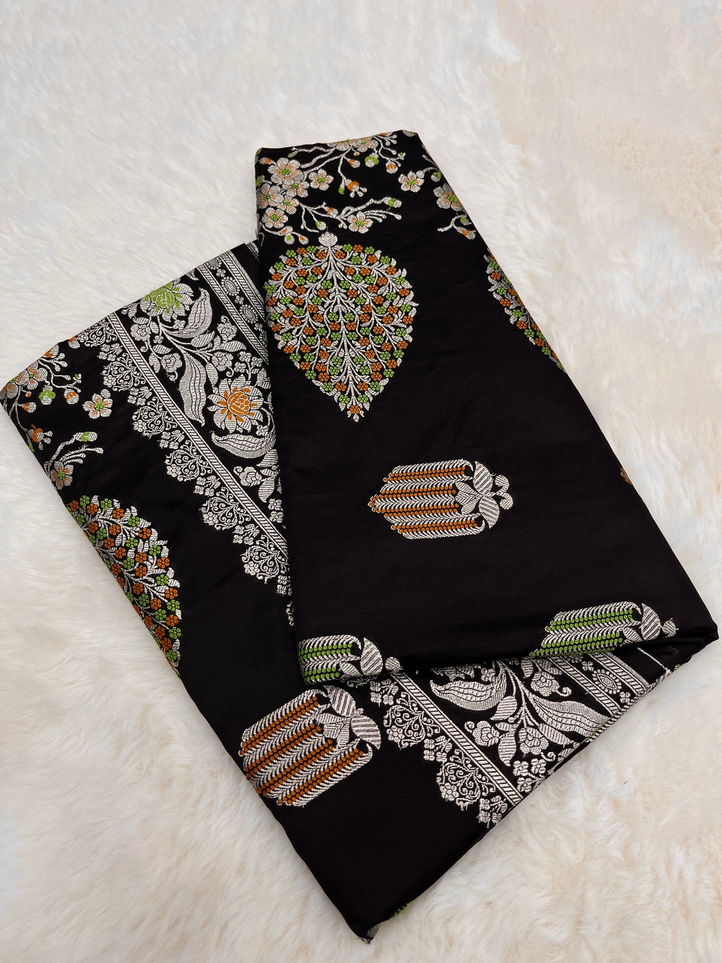 Cocktail Evening Wear Ebony Black Banarasi Mashru Silk Meenakari Saree