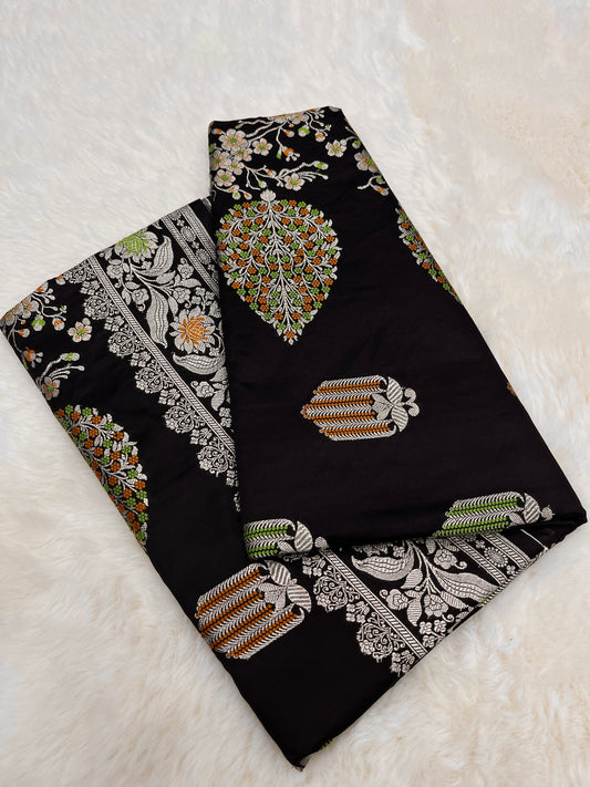 Cocktail Evening Wear Ebony Black Banarasi Mashru Silk Meenakari Saree