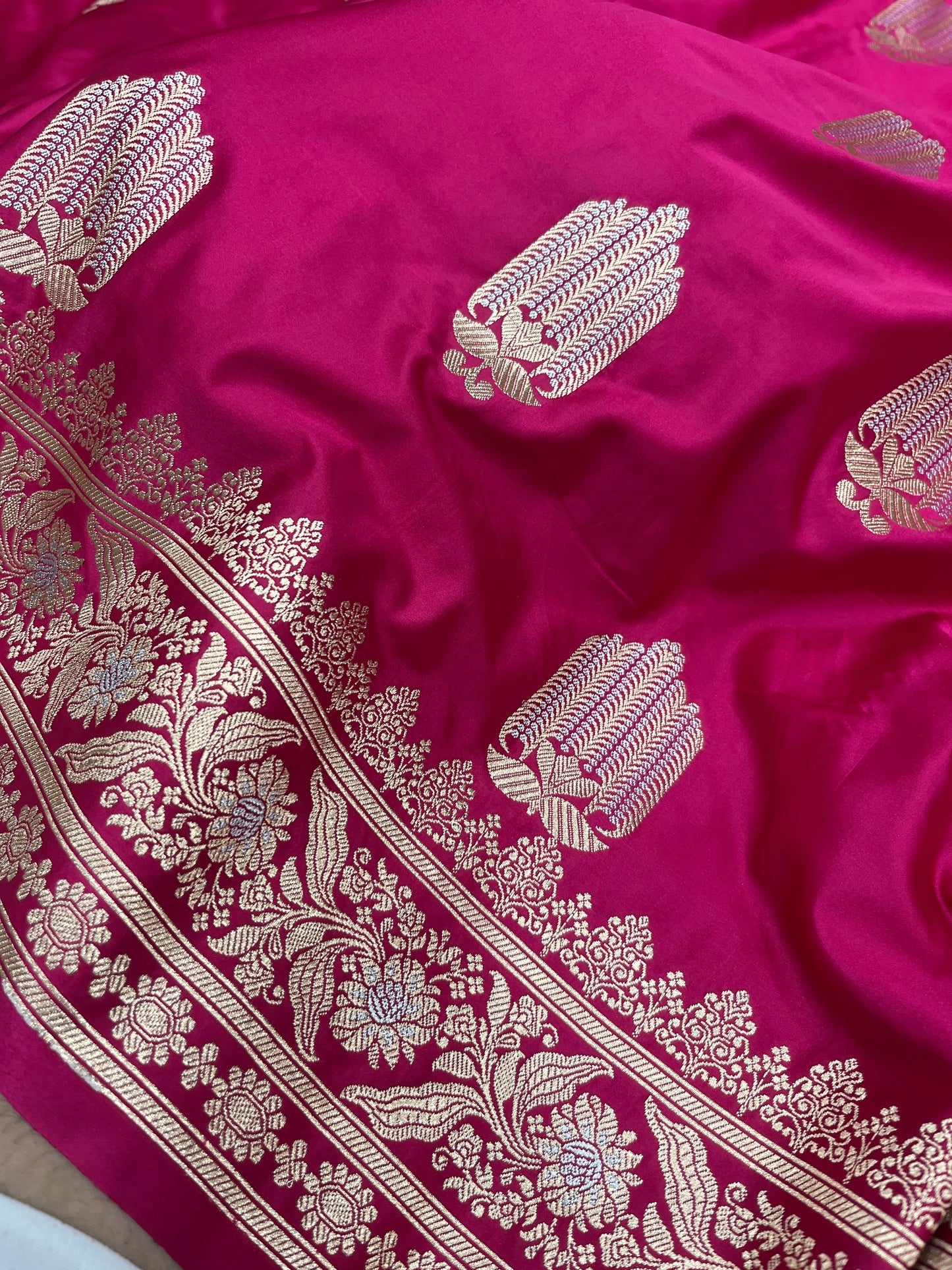 Rose Pink Banarasi Silk Saree with Sona Rupa Meenakari | Graceful Bridal Wedding Wear