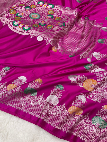 Luxurious Bridal Wear Royal Magenta Pink Banarasi Mashru Silk Meenakari Saree