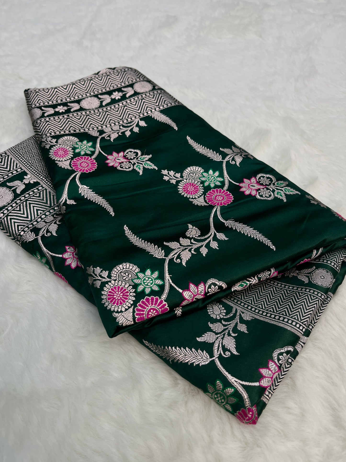 Bottle Green Banarasi Soft Mashru Minakari Floral Jaal Work Saree