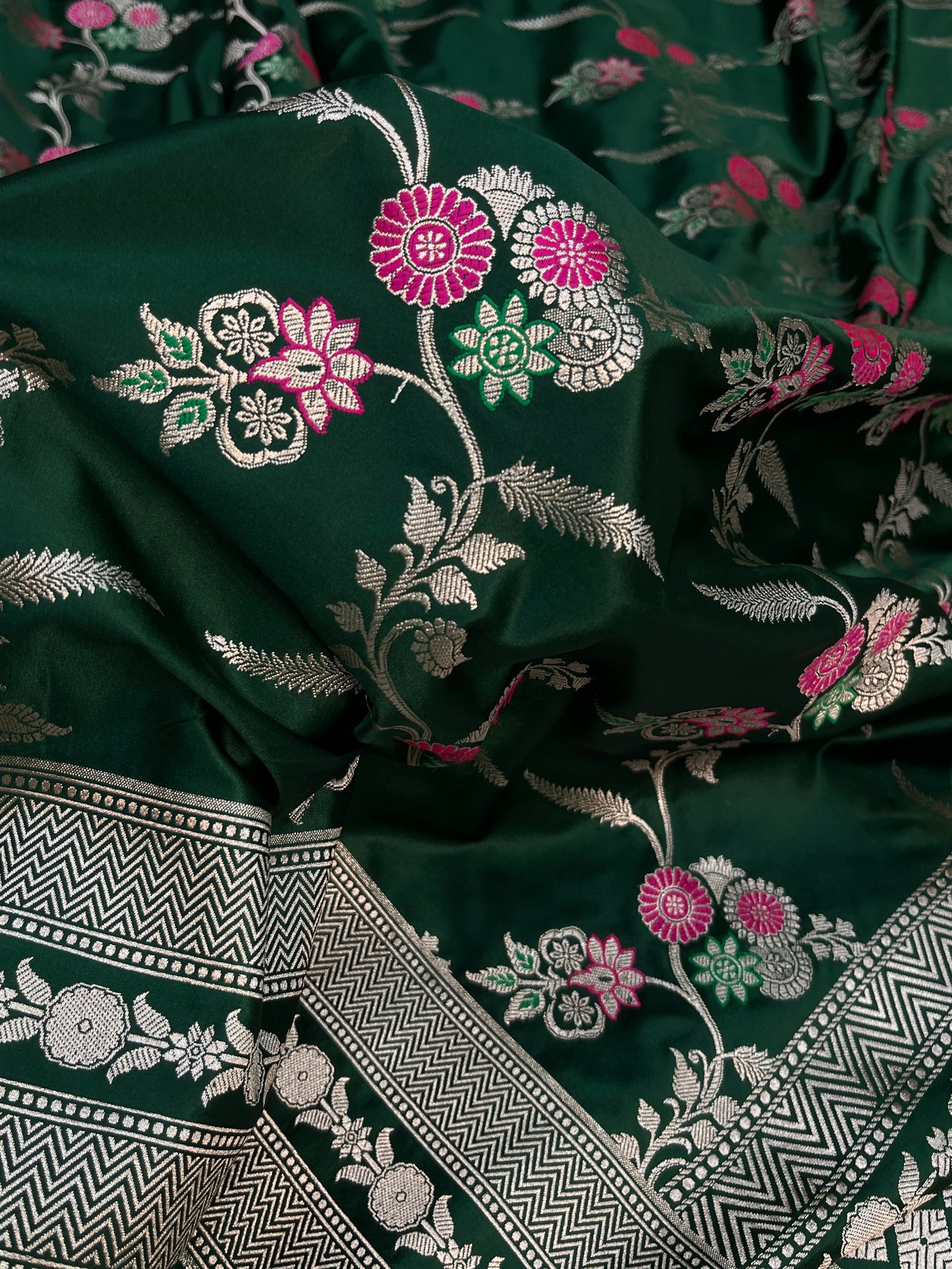Bottle Green Banarasi Soft Mashru Minakari Floral Jaal Work Saree