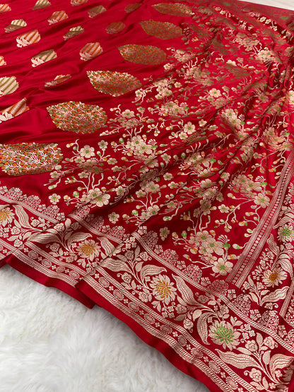 Iconic Bridal Wedding Wear Crimson Red Banarasi Mashru Silk Meenakari Saree