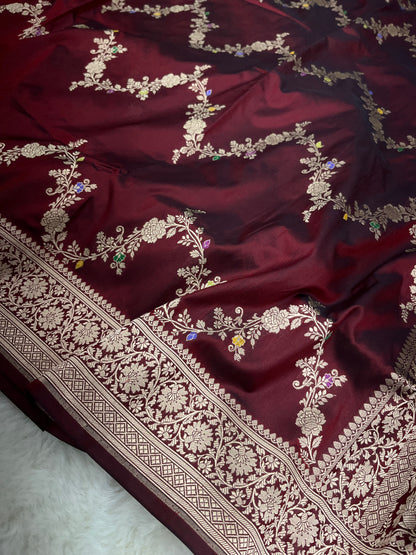 Sophisticated Cocktail Evening Wear Wine Velvet Banarasi Leheriya Meenakari Katan Silk Saree
