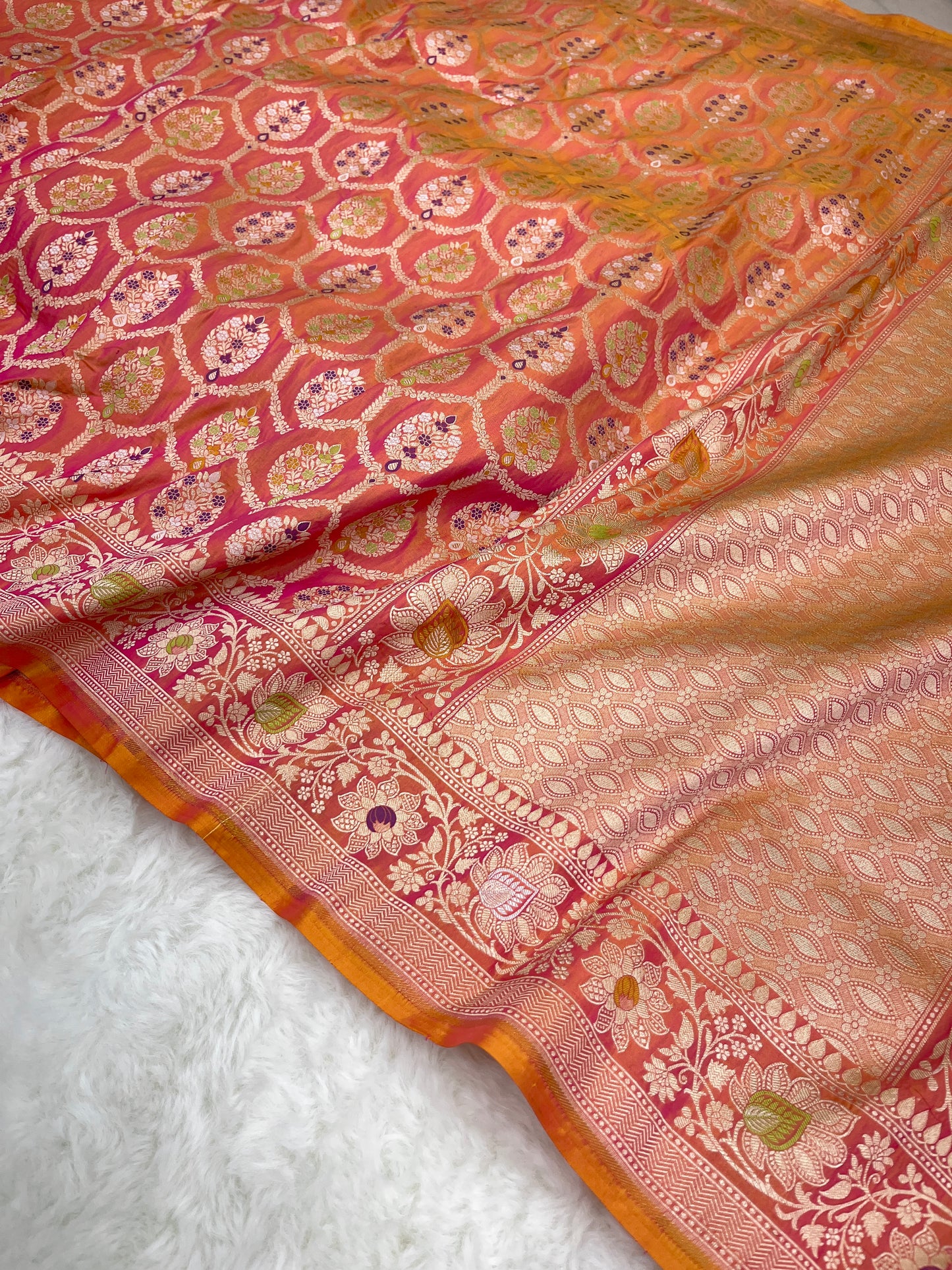 Wedding Wear Rose Ember Dual-Tone Handwoven Banarasi Pure Katan Silk Meenakari Saree
