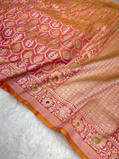 Wedding Wear Rose Ember Dual-Tone Handwoven Banarasi Pure Katan Silk Meenakari Saree