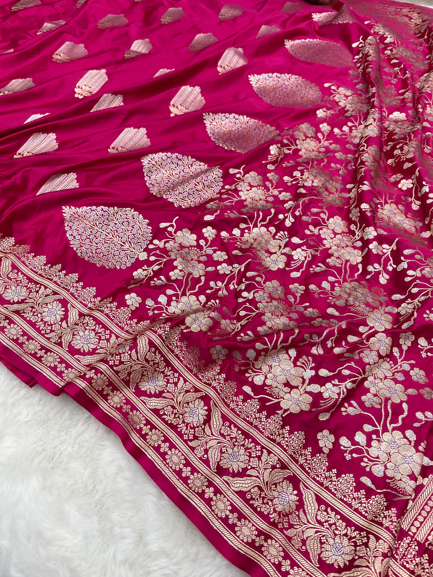 Rose Pink Banarasi Silk Saree with Sona Rupa Meenakari | Graceful Bridal Wedding Wear