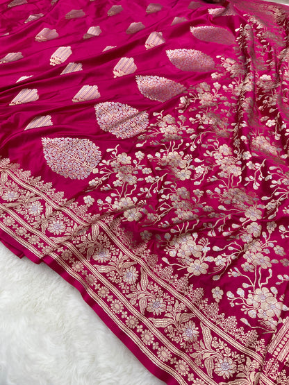 Rose Pink Banarasi Silk Saree with Sona Rupa Meenakari | Graceful Bridal Wedding Wear