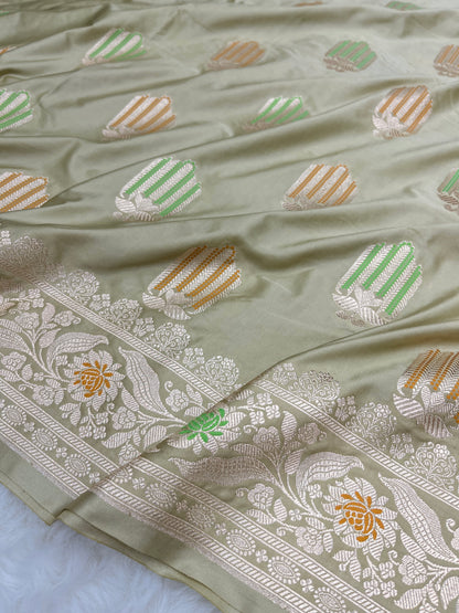 Elegant Festive & Wedding Wear Sage Pastel Green Banarasi Mashru Silk Meenakari Saree