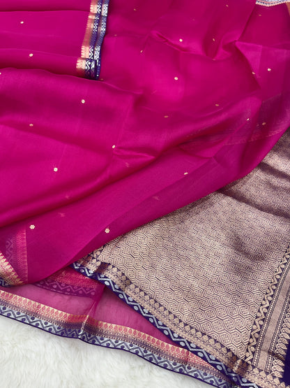 Fuchsia Pink Banarasi Pure Kora Organza Silk Saree