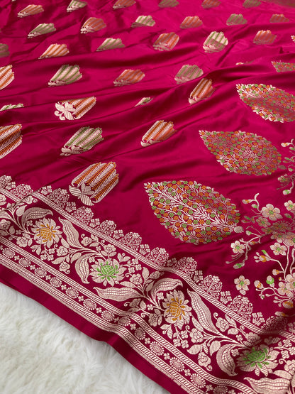 Vibrant Wedding Elegance Pink Banarasi Mashru Silk Meenakari Bridal Saree