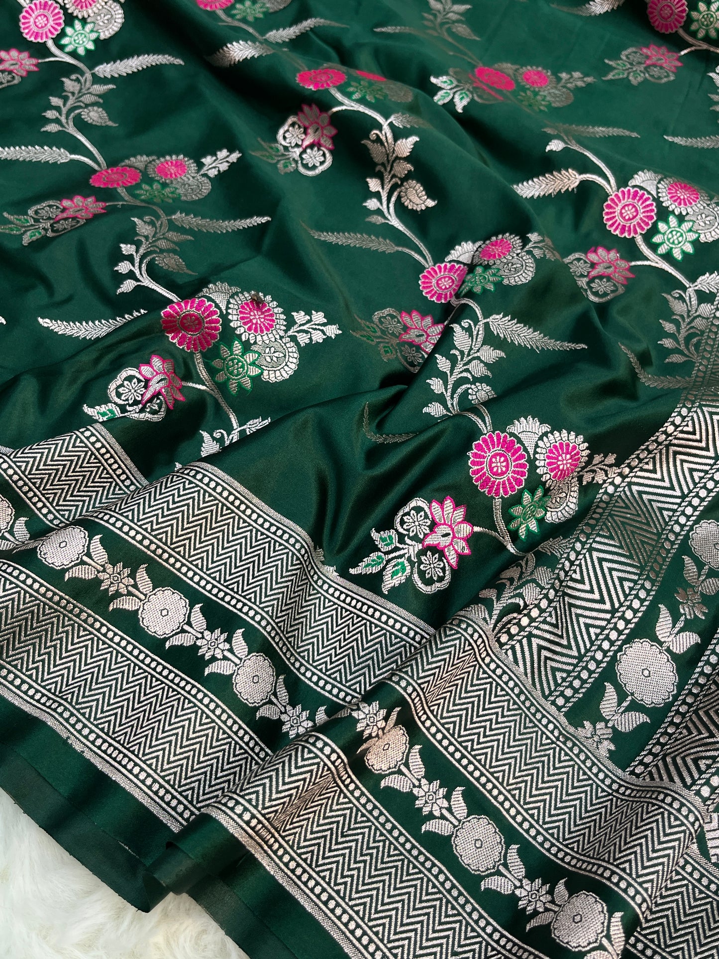 Bottle Green Banarasi Soft Mashru Minakari Floral Jaal Work Saree