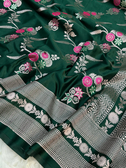 Bottle Green Banarasi Soft Mashru Minakari Floral Jaal Work Saree