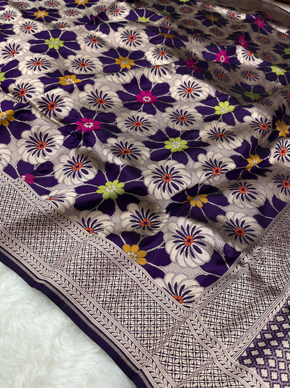 Cocktail Wear Dark Purple Royal Amethyst Handwoven Banarasi Pure Katan Silk Meenakari Saree