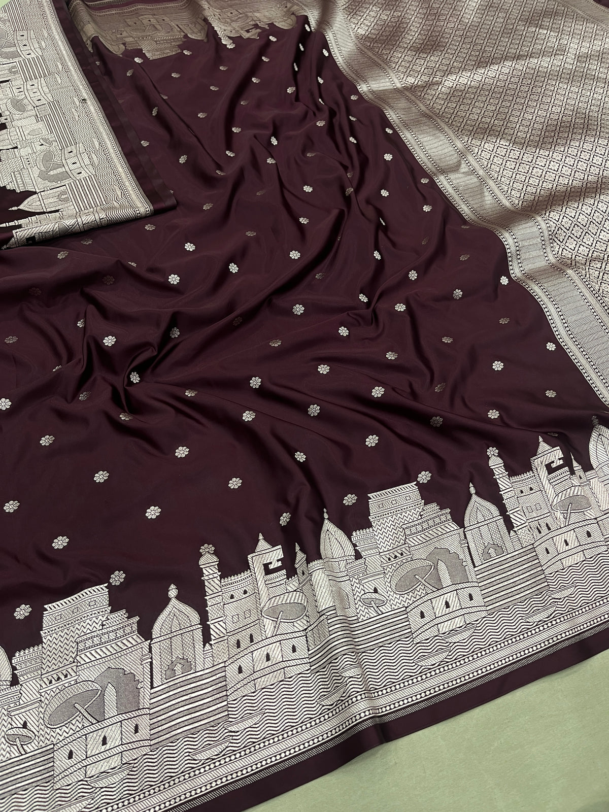 Banaras Ghat Design Soft Mashru Katan Silk Brown Saree