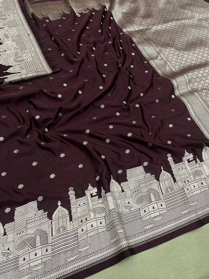Banaras Ghat Design Soft Mashru Katan Silk Brown Saree