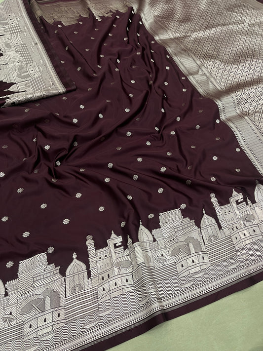 Banaras Ghat Design Soft Mashru Katan Silk Brown Saree