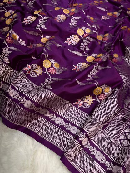 Purple Banarasi Soft Mashru Minakari Floral Jaal Work Saree