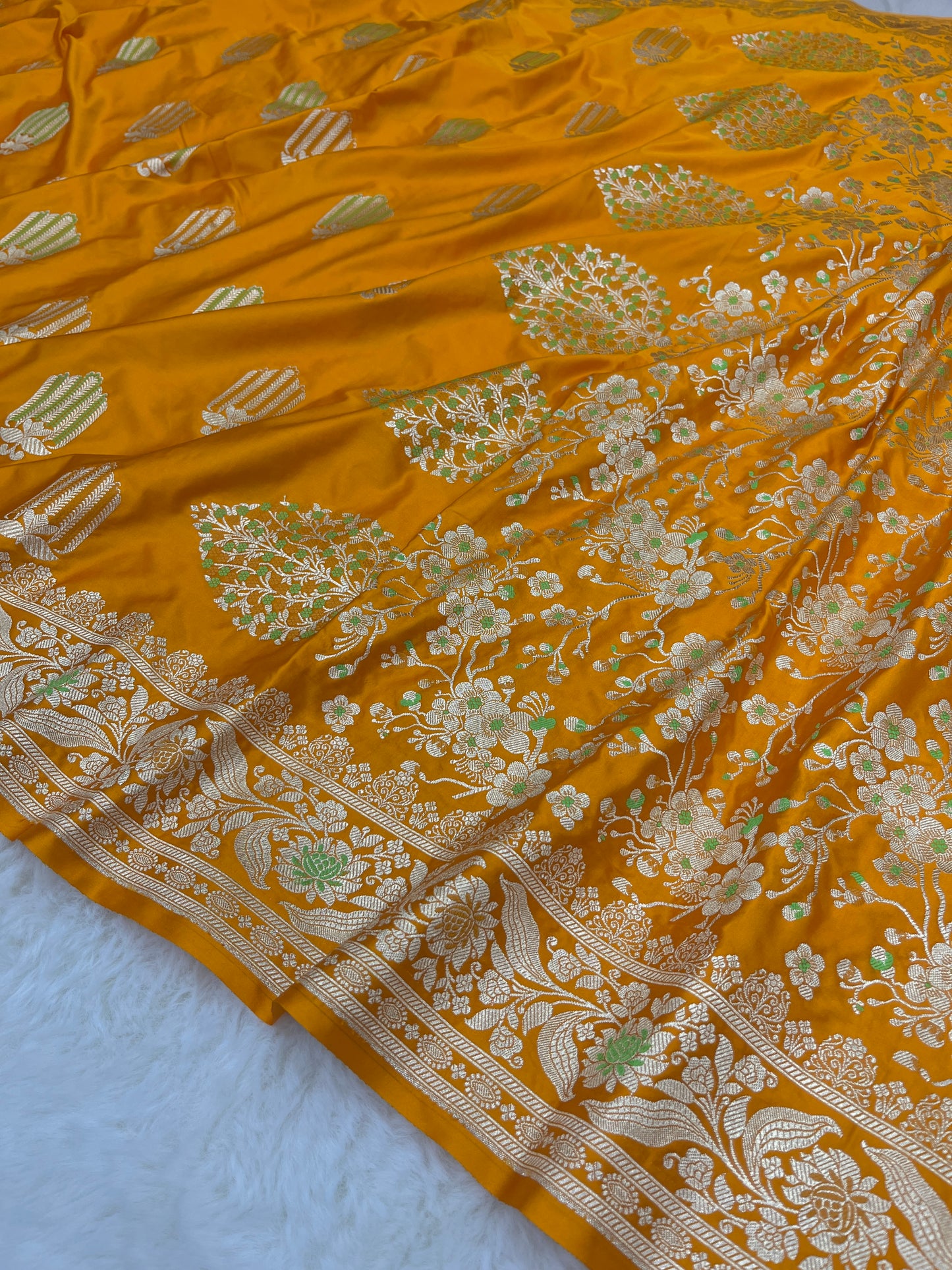 Banarasi Mashru Silk Meenakari Saree – Yellow Haldi Wear