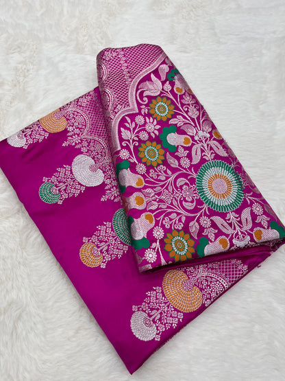 Luxurious Bridal Wear Royal Magenta Pink Banarasi Mashru Silk Meenakari Saree