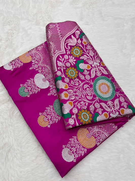 Luxurious Bridal Wear Royal Magenta Pink Banarasi Mashru Silk Meenakari Saree