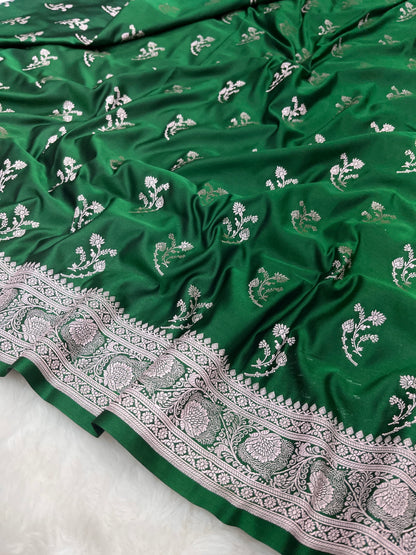 Mehndi Green Banarasi Soft Mashru Katan Silk Saree