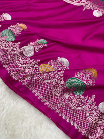 Luxurious Bridal Wear Royal Magenta Pink Banarasi Mashru Silk Meenakari Saree