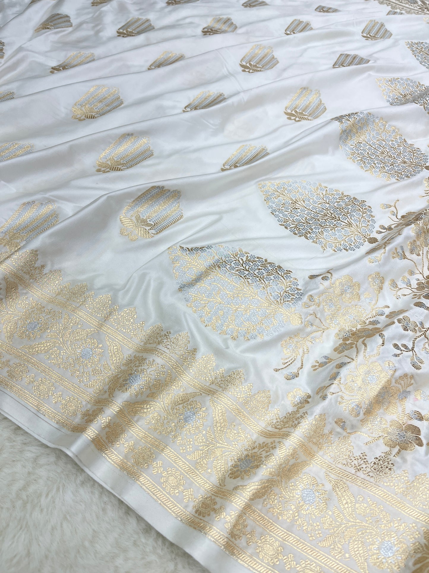 Elegant Christian Bridal Wear Pearl White Banarasi Mashru Silk Sona Rupa Meenakari Saree