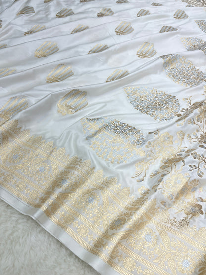 Elegant Christian Bridal Wear Pearl White Banarasi Mashru Silk Sona Rupa Meenakari Saree