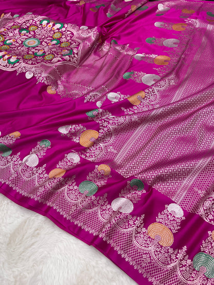Luxurious Bridal Wear Royal Magenta Pink Banarasi Mashru Silk Meenakari Saree