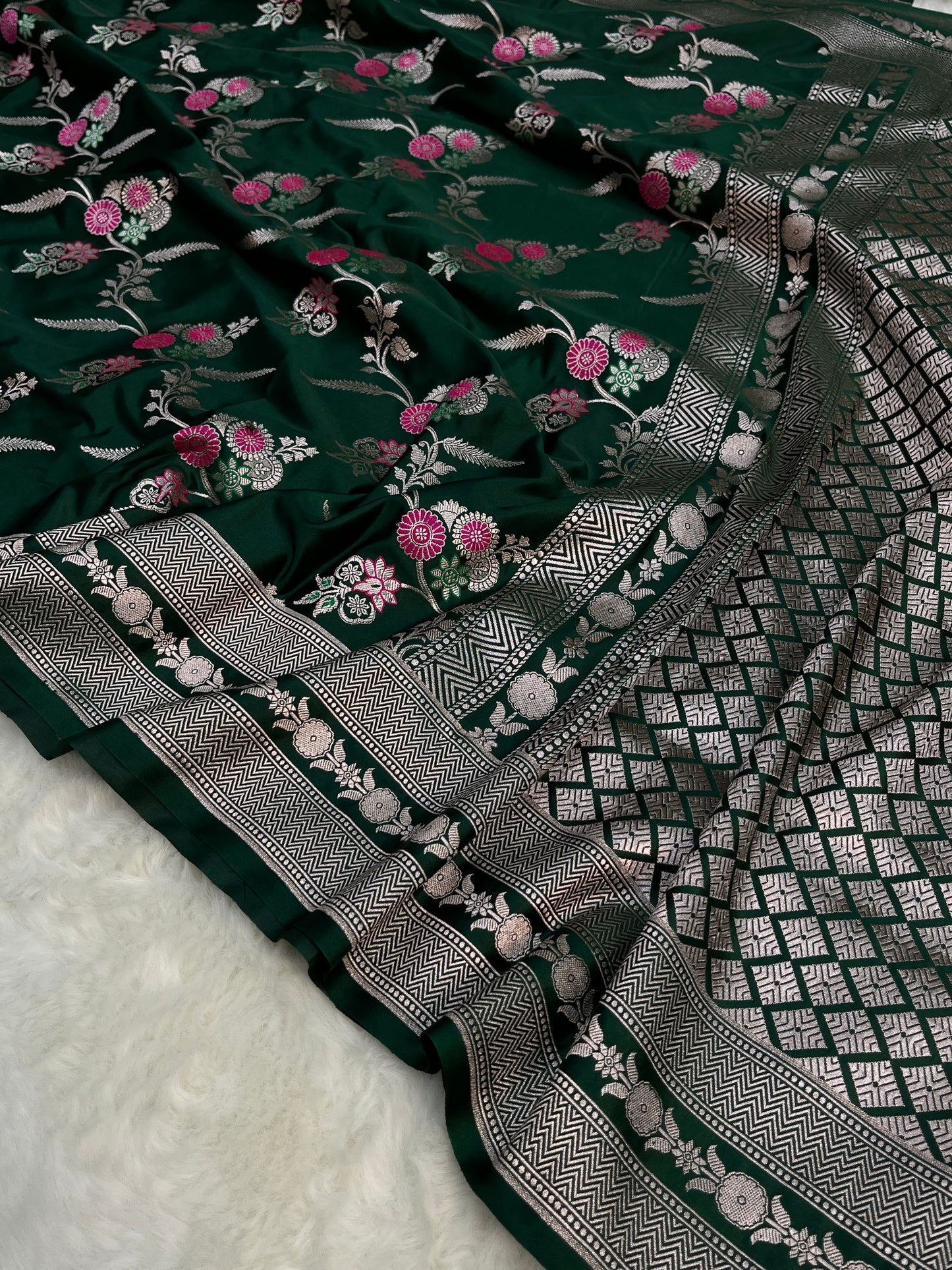 Bottle Green Banarasi Soft Mashru Minakari Floral Jaal Work Saree