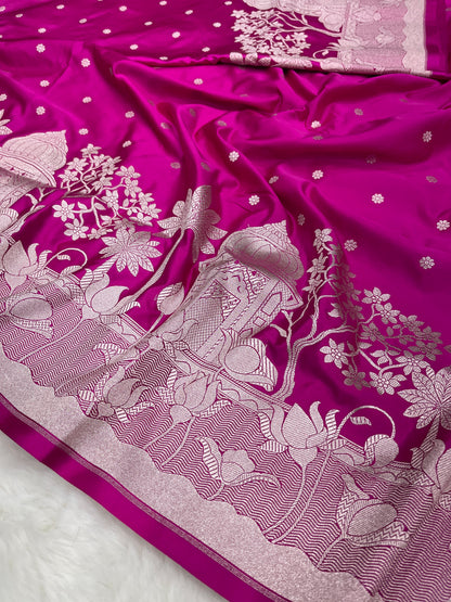 Rani Pink Banarasi Soft Mashru Katan Silk Contemporary Border Saree